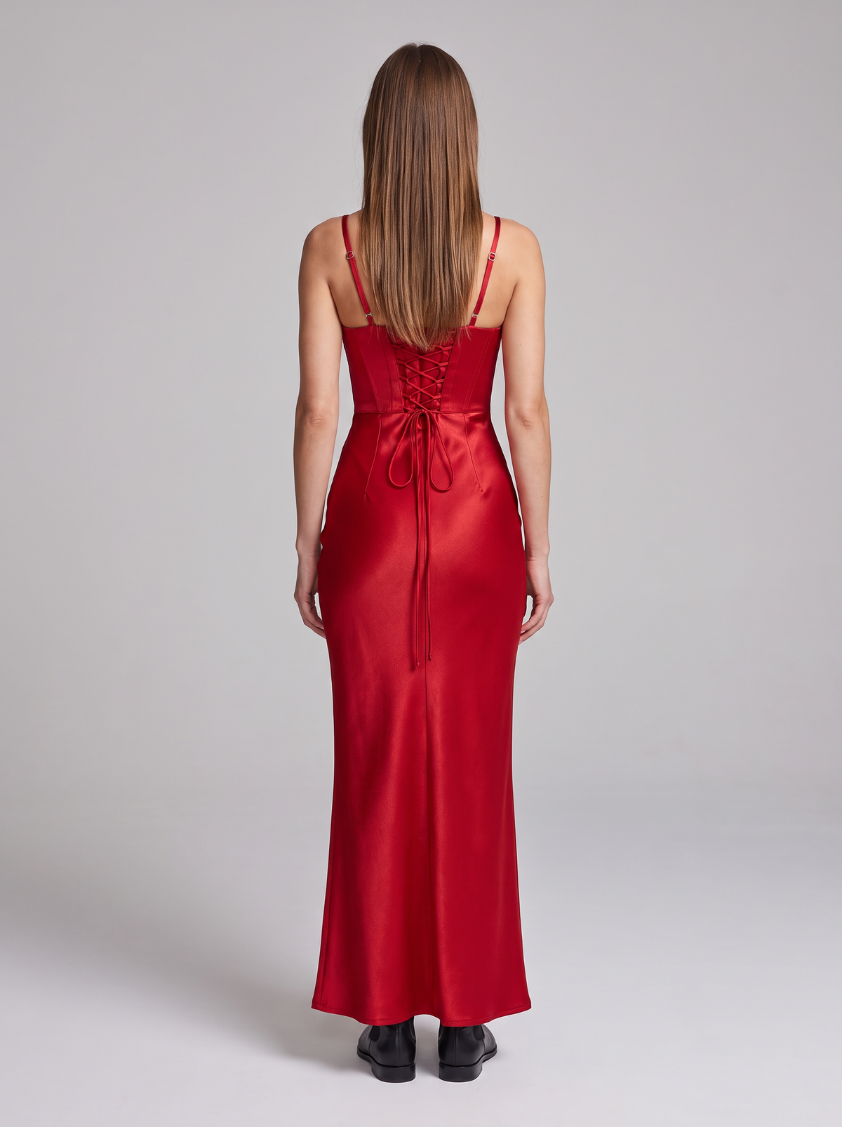 Red Corset Maxi Dress – back view showing lace-up back