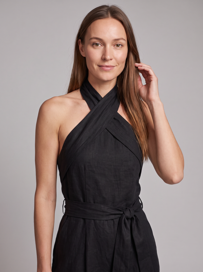 Cross Halter Wide-Leg Jumpsuit in Black – close-up of cross-halter neckline