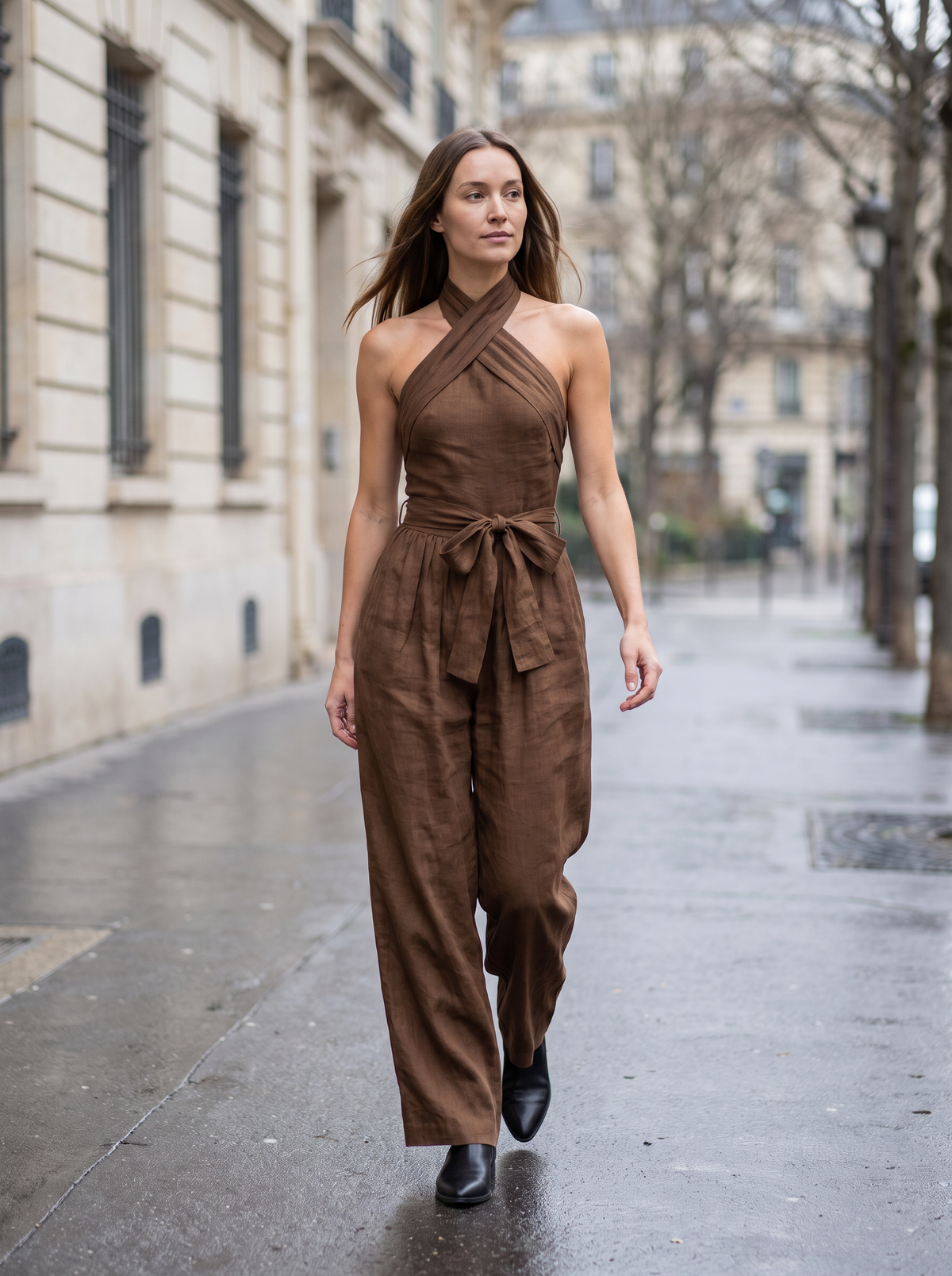 Cross Halter Wide-Leg Jumpsuit in Brown – lifestyle full-length view on a street