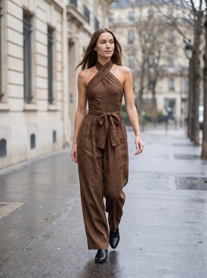 Cross Halter Wide-Leg Jumpsuit in Brown – lifestyle full-length view on a street