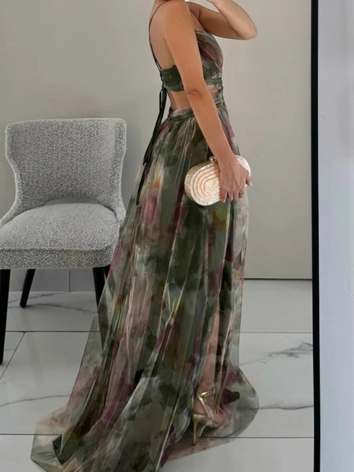Watercolour Floral V-Neck Maxi Dress in Green – side view