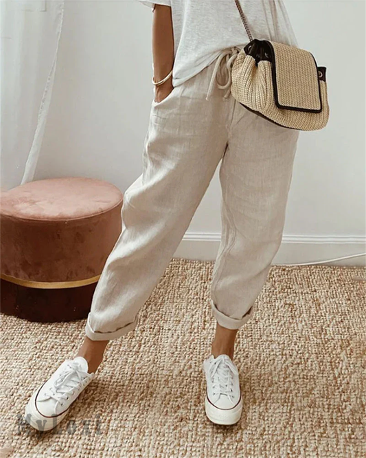 High Waisted Straight Leg Relaxed Trousers – Beige