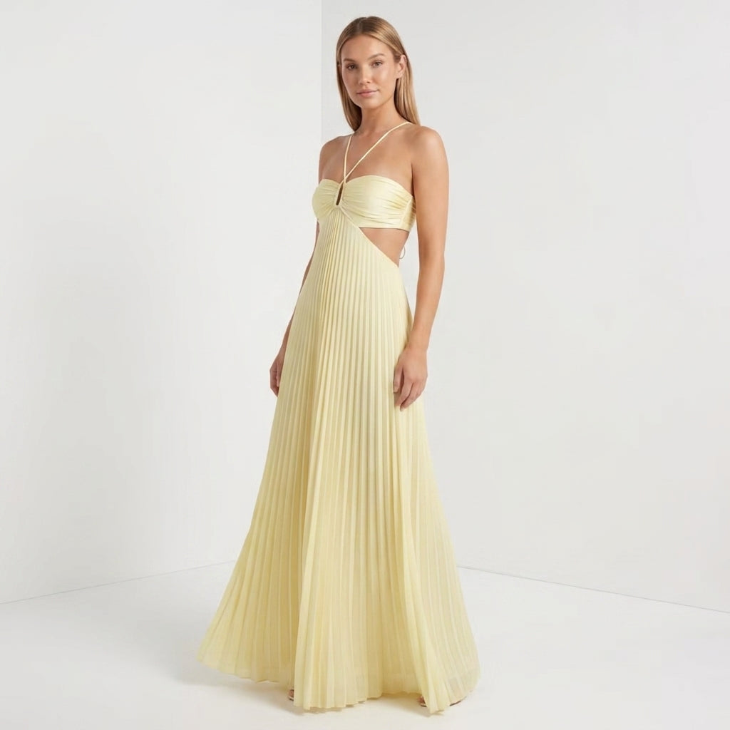 Pleated Halter Cut-Out Maxi Dress in Light Canary – front view showing side cut-out