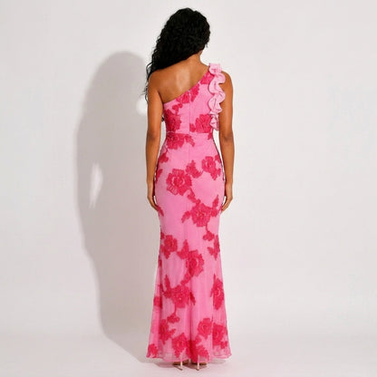 Pink Floral Embroidered One-Shoulder Maxi Dress – back view