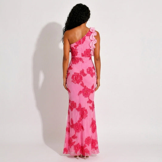 Pink Floral Embroidered One-Shoulder Maxi Dress – back view