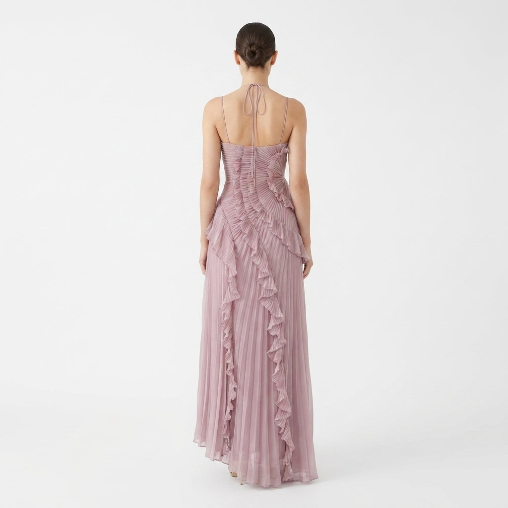 Asymmetric Ruffle Pleated Halter Maxi Dress in Pink – back view showing halter tie and open back