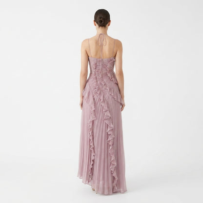 Asymmetric Ruffle Pleated Halter Maxi Dress in Pink – back view showing halter tie and open back