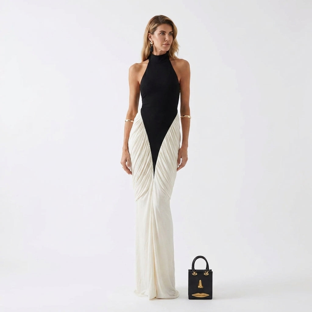 Black and White Backless Maxi Dress – front view
