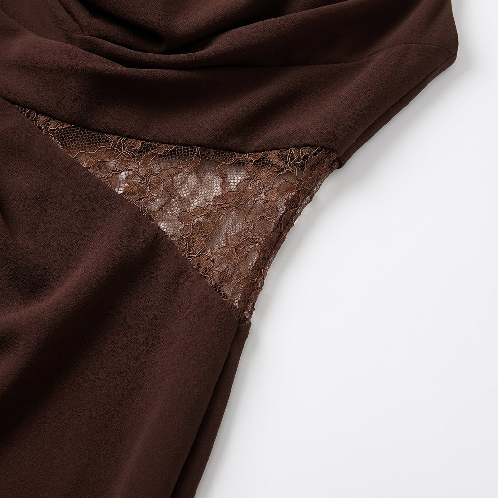 Brown Halter Lace Maxi Dress – close-up of lace waist inset