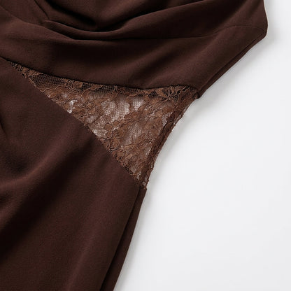 Brown Halter Lace Maxi Dress – close-up of lace waist inset