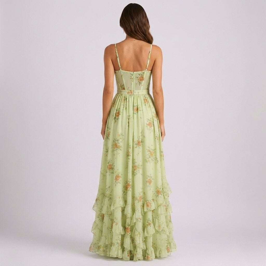 Floral Corset Maxi Dress with Ruffle Hem in Green – back view showing lace-up back