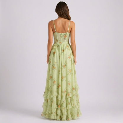Floral Corset Maxi Dress with Ruffle Hem in Green – back view showing lace-up back