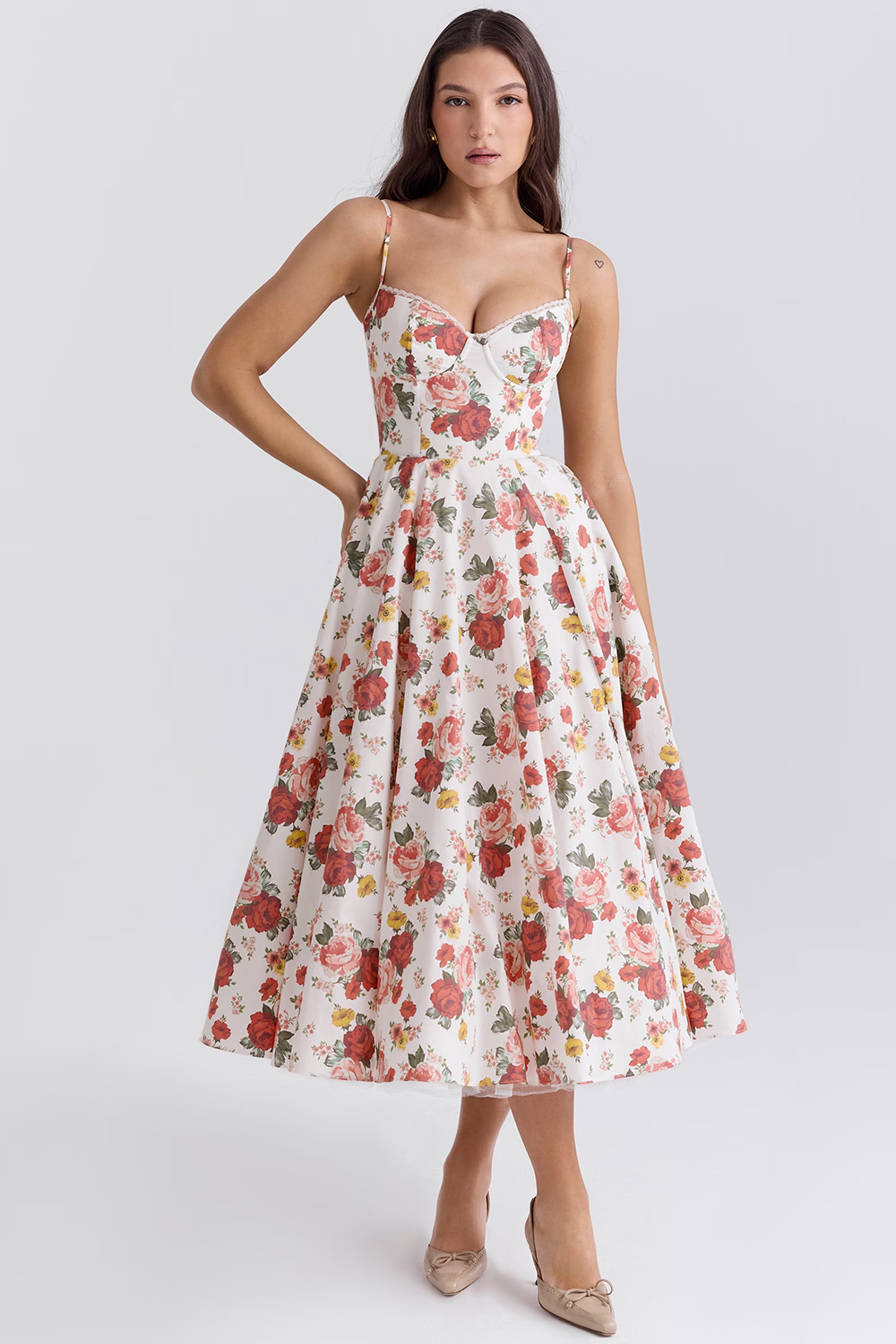 Satin Tulle Skirt Midi Dress with Pockets – Floral