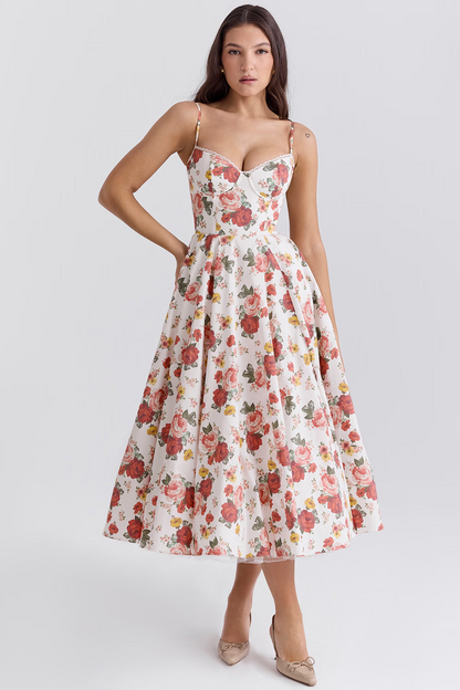 Satin Tulle Skirt Midi Dress with Pockets – Floral