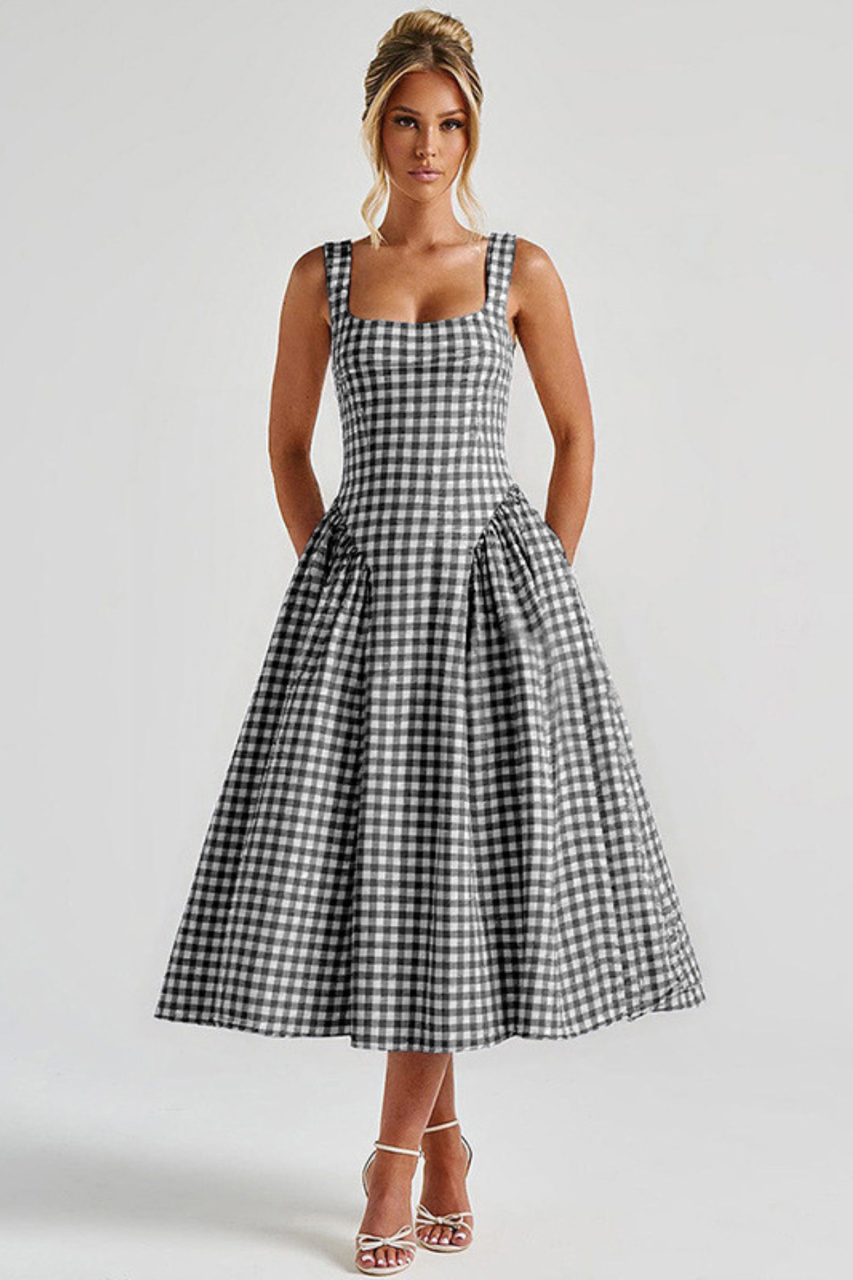 Gingham Square Neck Midi Dress in Black – full-length front view