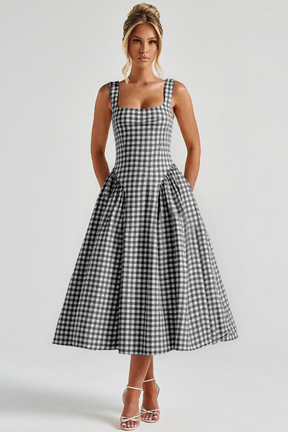 Gingham Square Neck Midi Dress in Black – full-length front view