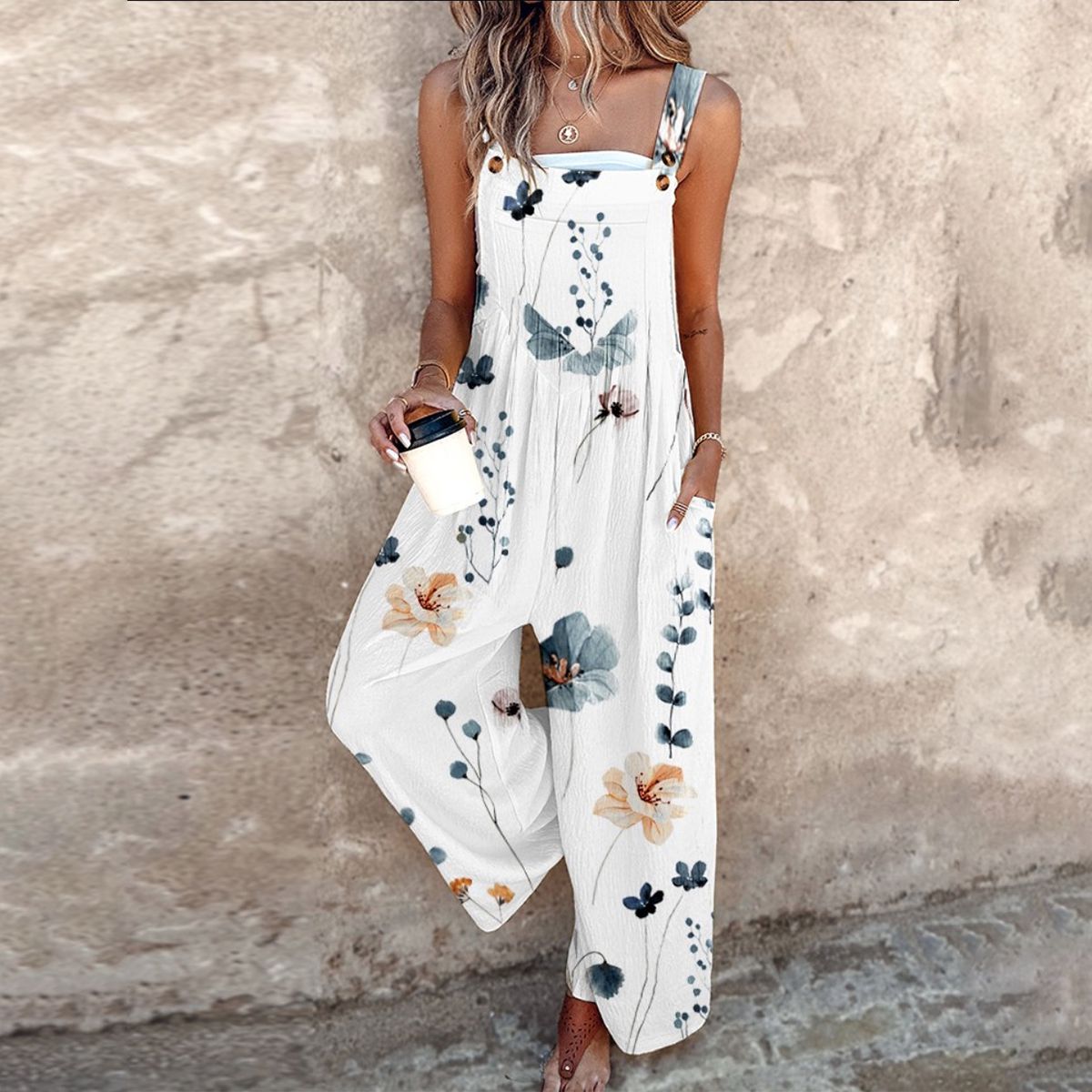 Leaf Print Sleeveless Wide Leg Jumpsuit – White