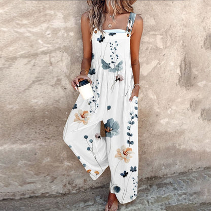 Leaf Print Sleeveless Wide Leg Jumpsuit – White