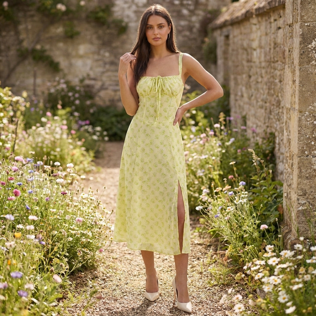 Floral Lace-Up Sweetheart Midi Dress in Yellow – lifestyle shot in a garden path