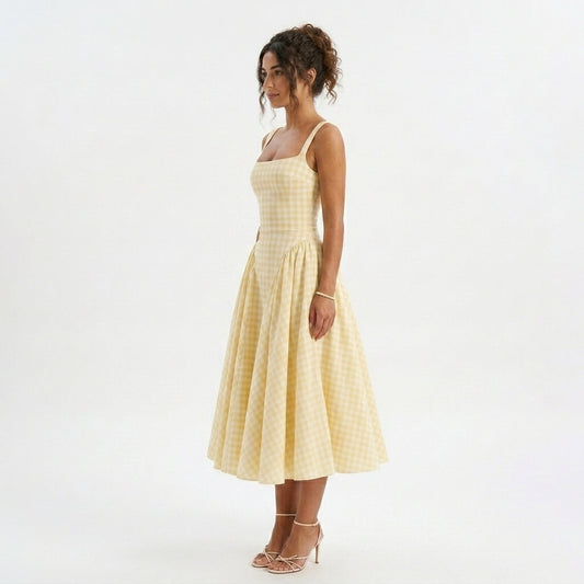 Gingham Square Neck Midi Dress in Yellow – three-quarter front view