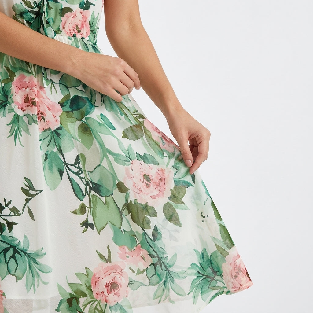 Green Floral Flutter Sleeve Midi Dress – close-up of floral print skirt
