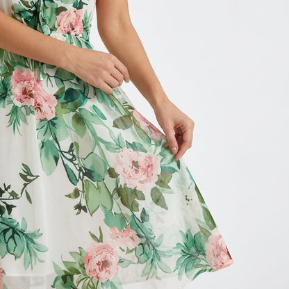 Green Floral Flutter Sleeve Midi Dress – close-up of floral print skirt