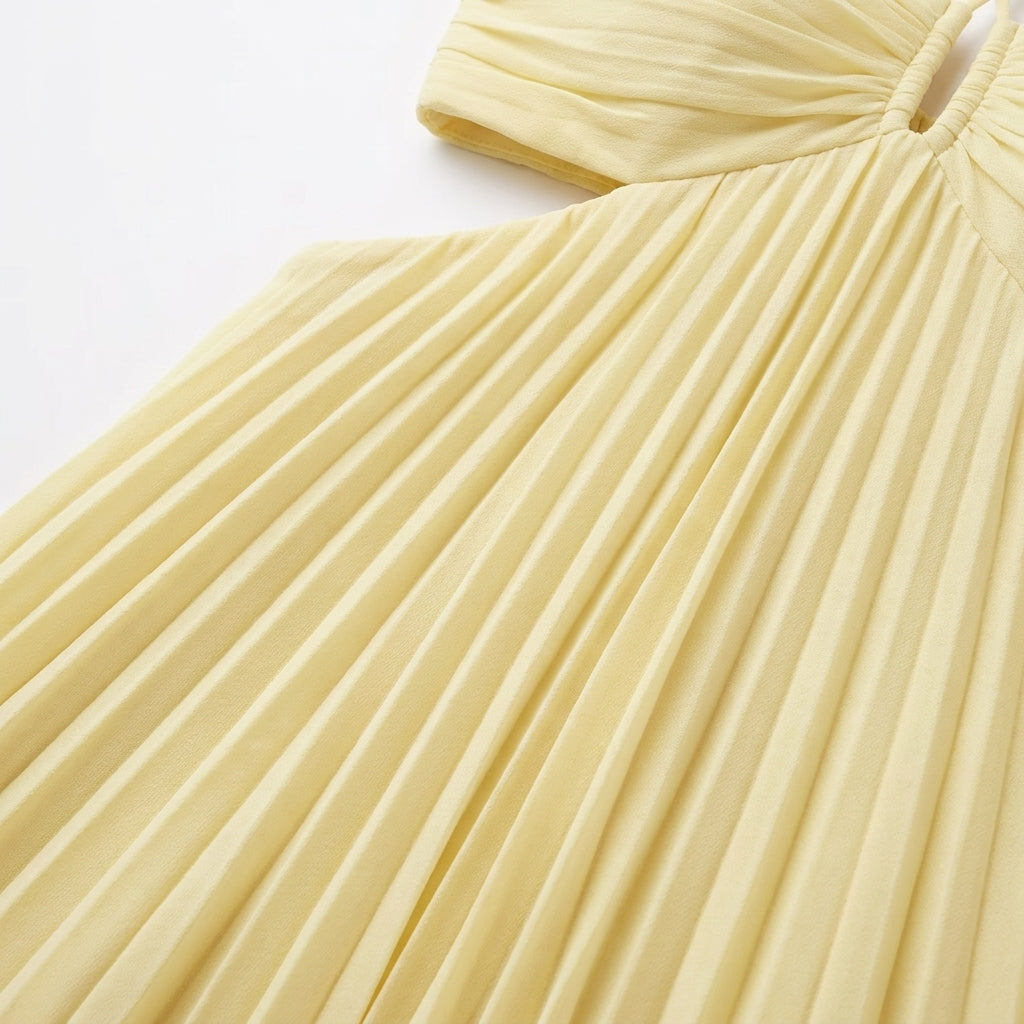 Pleated Halter Cut-Out Maxi Dress in Light Canary – close-up of the pleated bodice and halter tie