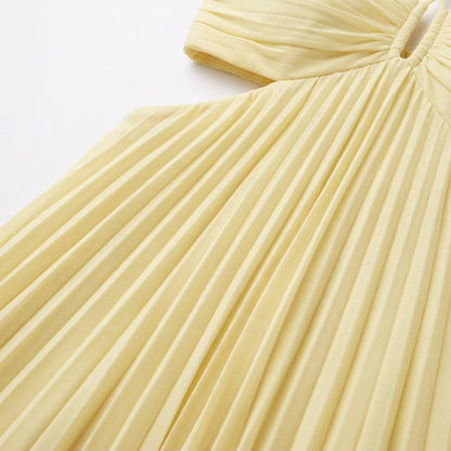 Pleated Halter Cut-Out Maxi Dress in Light Canary – close-up of the pleated bodice and halter tie
