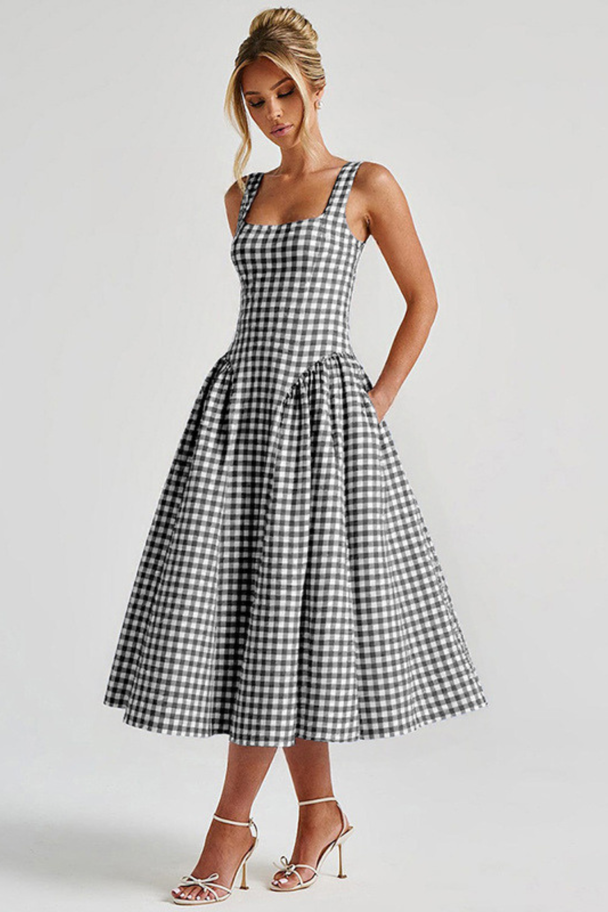 Gingham Square Neck Midi Dress in Black – three-quarter front view