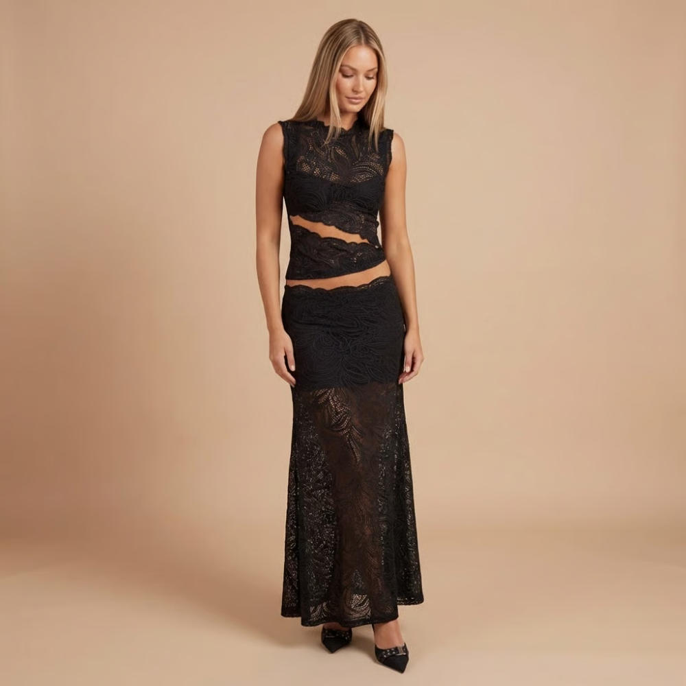 Lace High Neck Top & Maxi Skirt Set in Black – front view