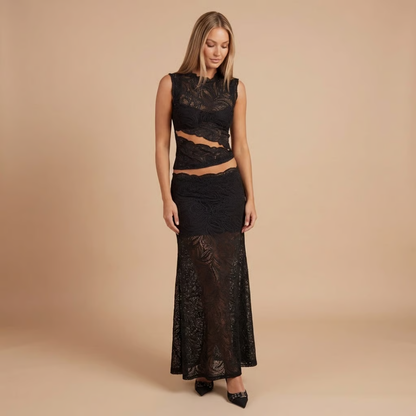 Lace High Neck Top & Maxi Skirt Set in Black – front view