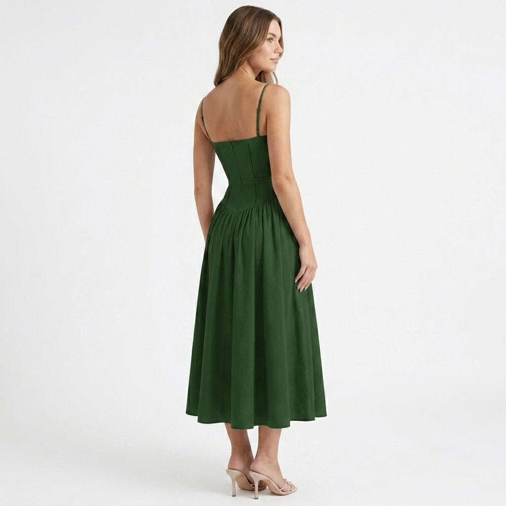 Green Corset Square Neck Midi Dress – back view