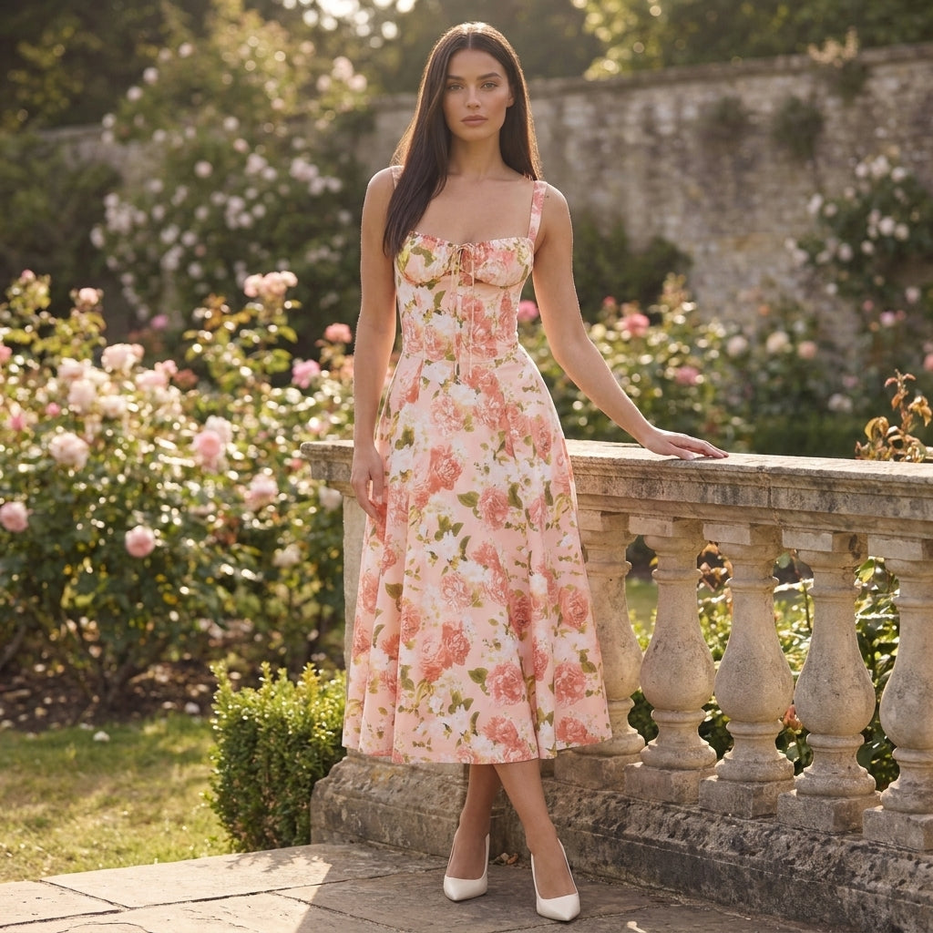 Floral Lace-Up Sweetheart Midi Dress in Orange – lifestyle shot in a rose garden