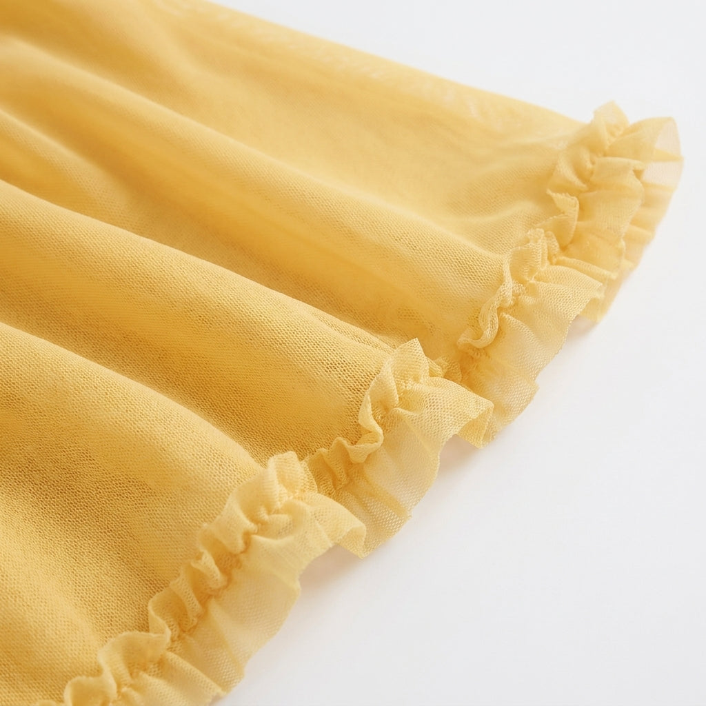Ruffle Trim High-Low Maxi Dress in Yellow – close-up detail of ruffle hem