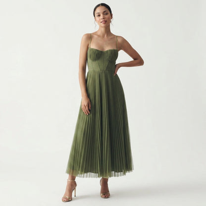Green Corset Pleated Midi Dress – front view, full length