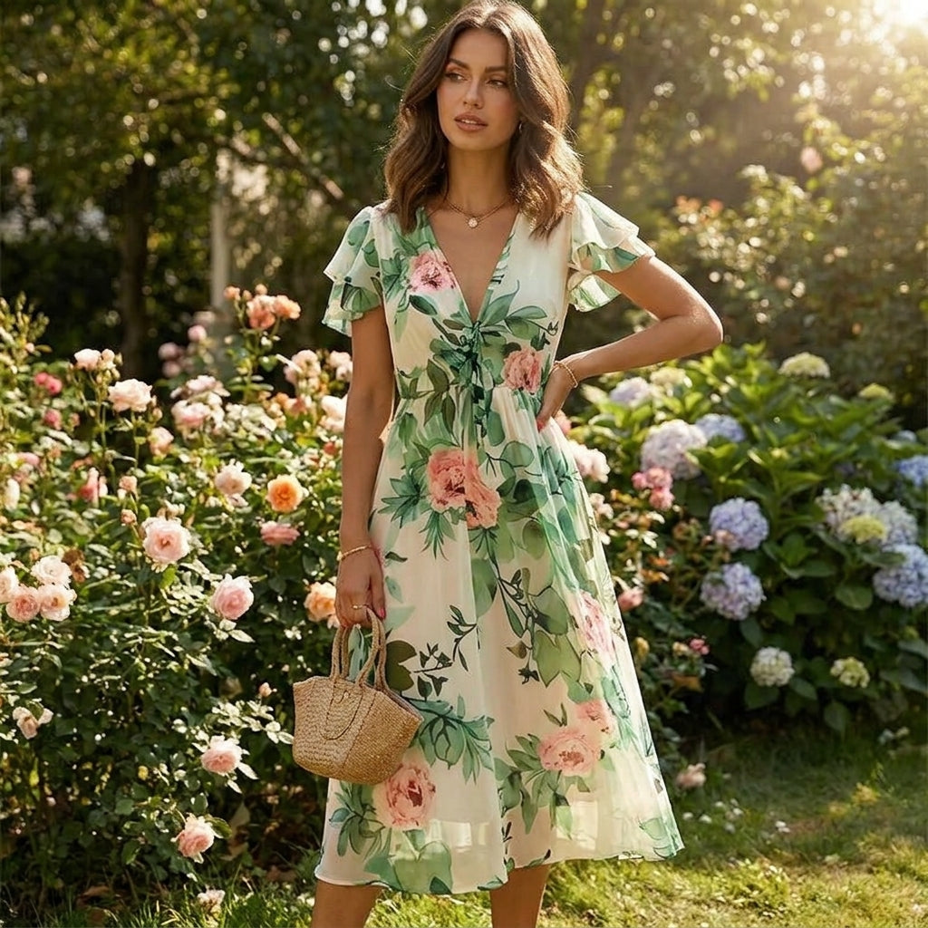 Green Floral Flutter Sleeve Midi Dress – lifestyle shot in a garden