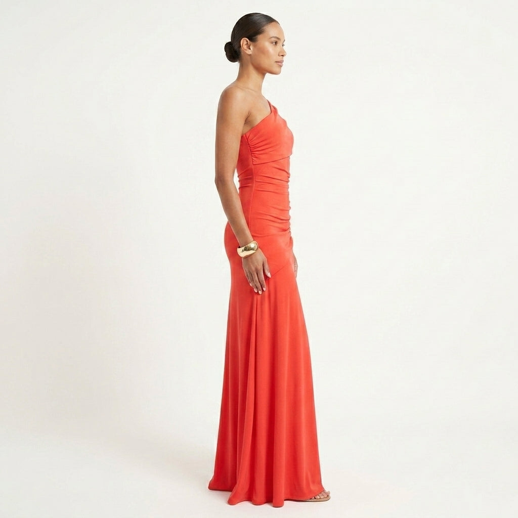 One-Shoulder Gathered Maxi Dress in Orange – side view