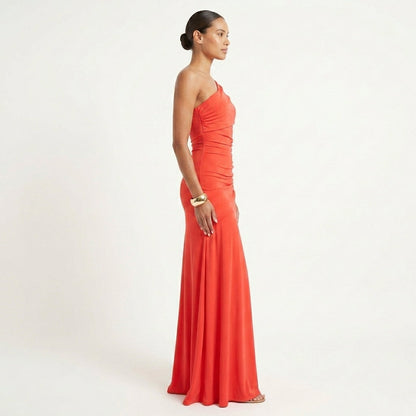 One-Shoulder Gathered Maxi Dress in Orange – side view