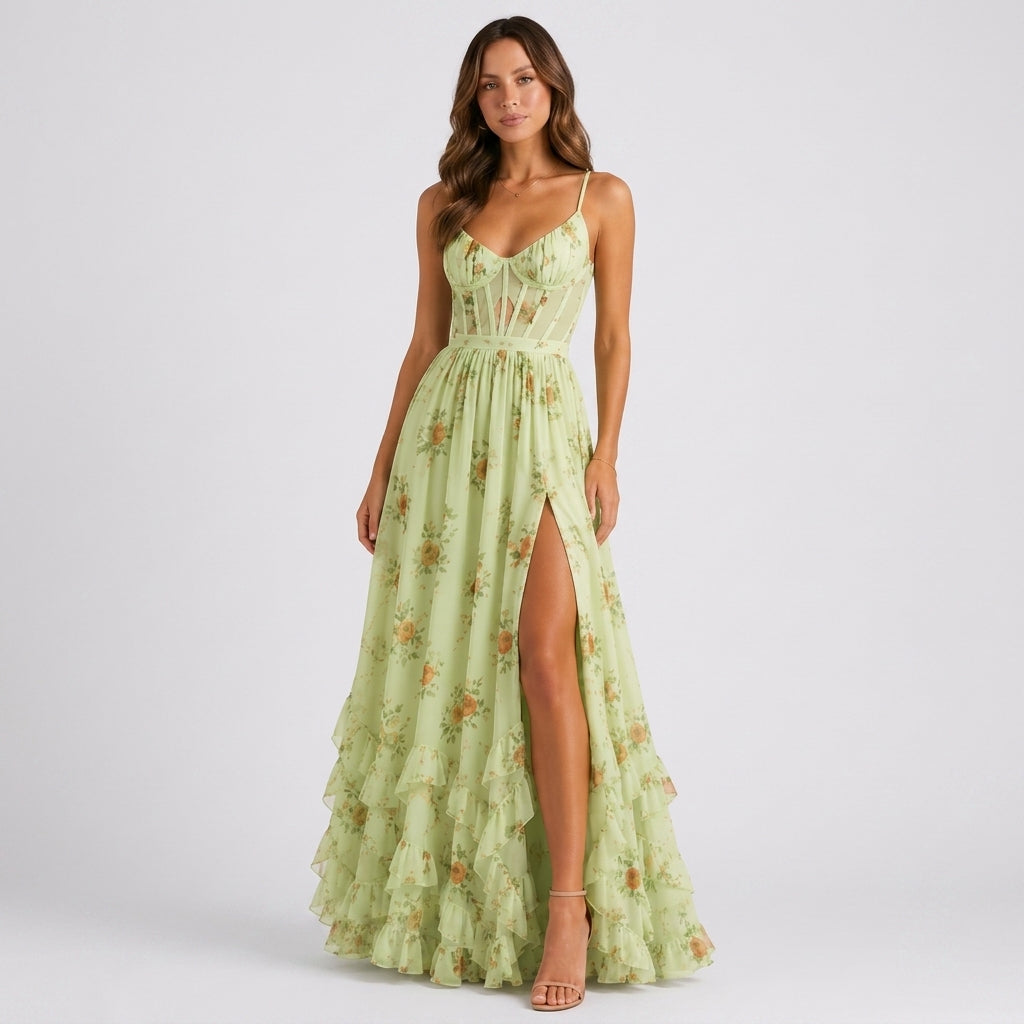 Floral Corset Maxi Dress with Ruffle Hem in Green – front view, full length
