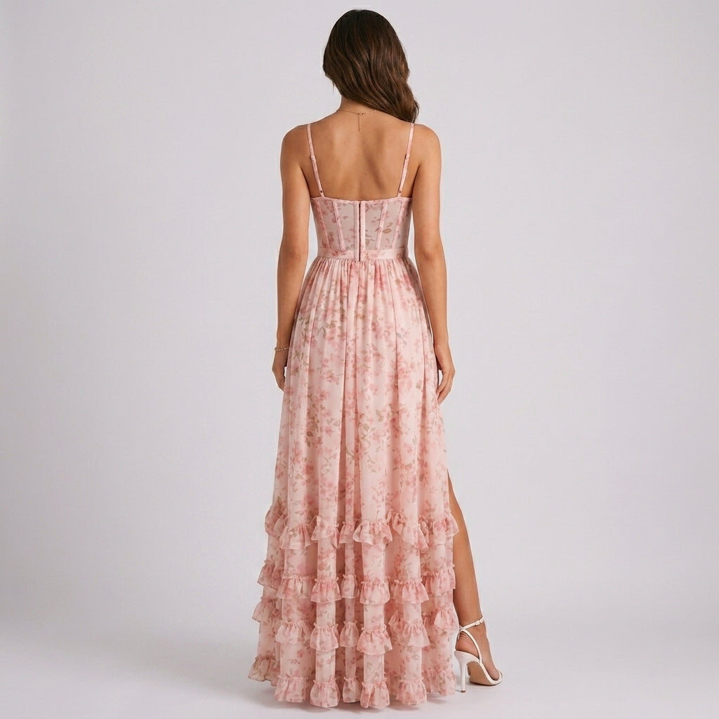 Pink Floral Lace-Up Corset Maxi Dress – back view showing lace-up back