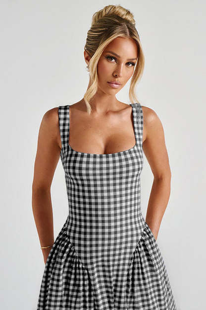 Gingham Square Neck Midi Dress in Black – close-up of the square neckline bodice