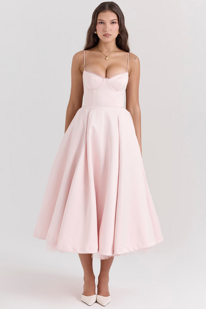 Satin Tulle Skirt Midi Dress with Pockets – Pink