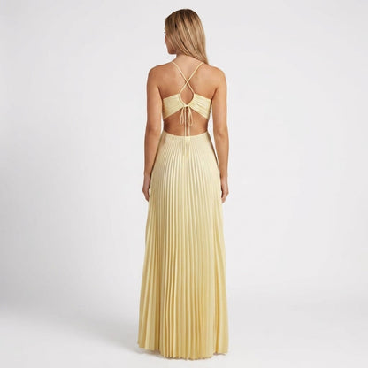 Pleated Halter Cut-Out Maxi Dress in Light Canary – back view showing open tie back