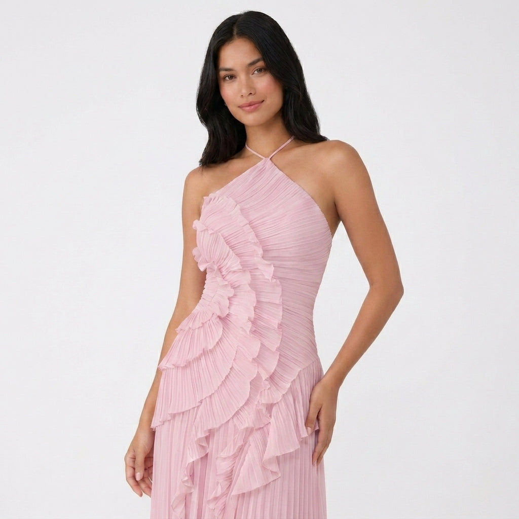 Asymmetric Ruffle Pleated Halter Maxi Dress in Pink – three-quarter front view