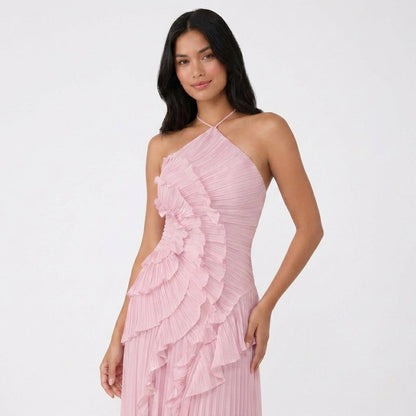 Asymmetric Ruffle Pleated Halter Maxi Dress in Pink – three-quarter front view