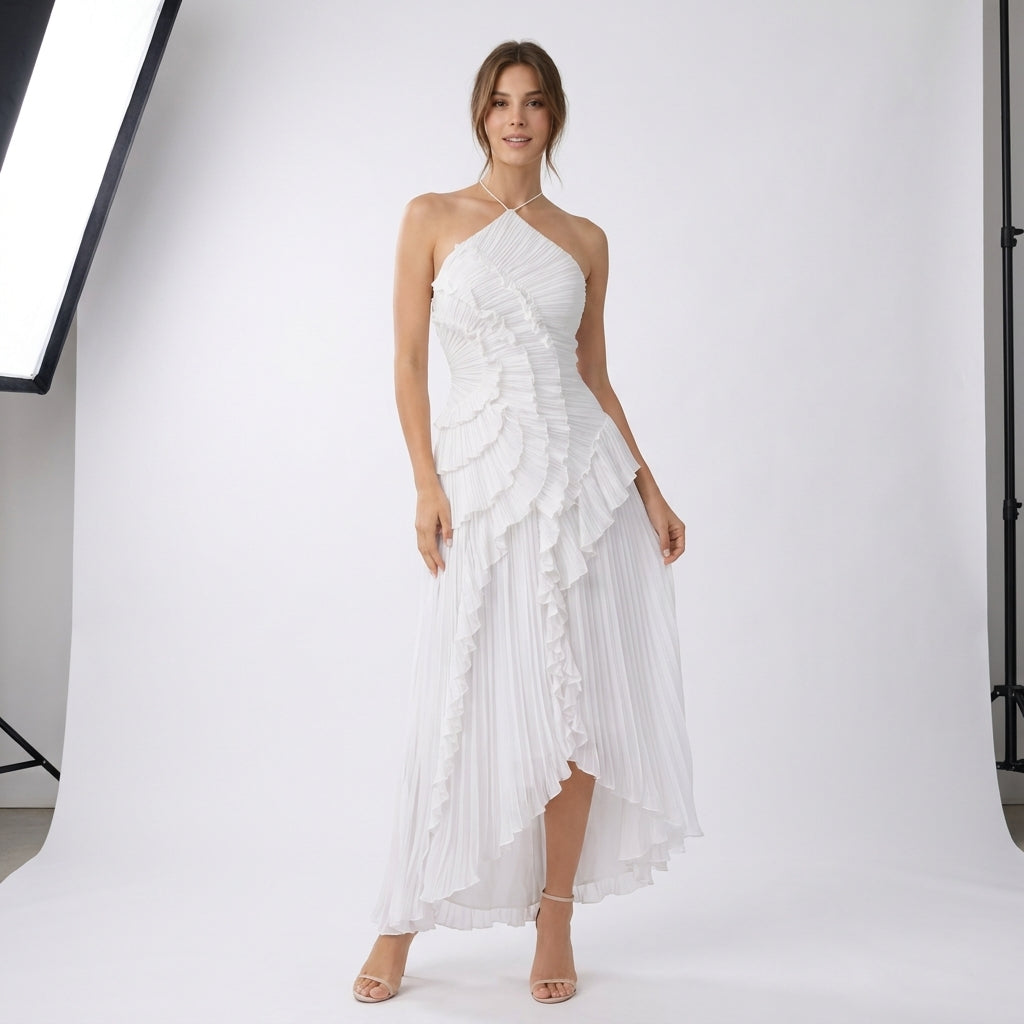 Asymmetric Ruffle Pleated Halter Maxi Dress in White – full-length front view