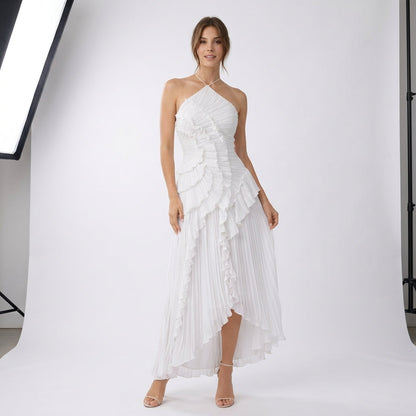 Asymmetric Ruffle Pleated Halter Maxi Dress in White – full-length front view