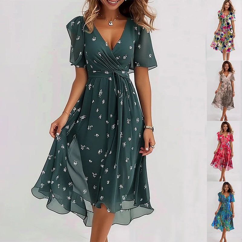 Printed Short Sleeve V-Neck Mini Dress