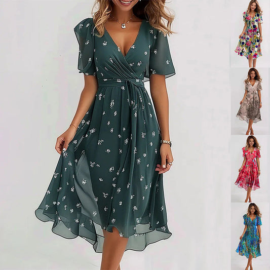 Printed Short Sleeve V-Neck Mini Dress