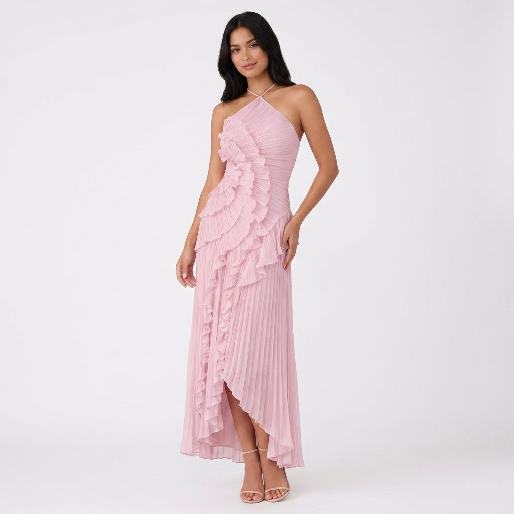 Asymmetric Ruffle Pleated Halter Maxi Dress in Pink – full-length front view